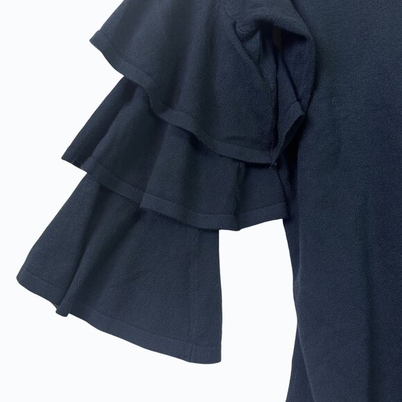 Olivaceous Teal Green Ruffled Sleeve Knit Dress With V-Neck Back & High Neckline - Picture 6 of 16